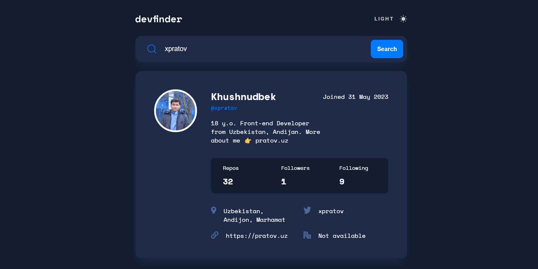 Search and explore GitHub users instantly with profiles, avatars, repositories, and key statistics in a clean interface.