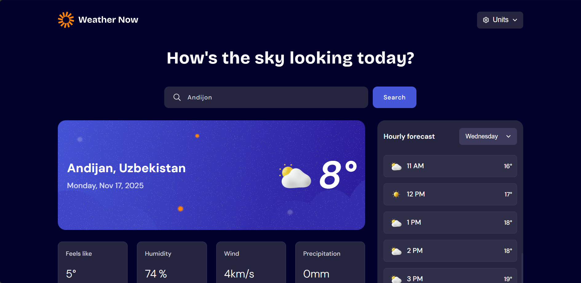The weather app lets users search cities and view real-time weather details. It includes features like temperature unit conversion, wind speed formats.